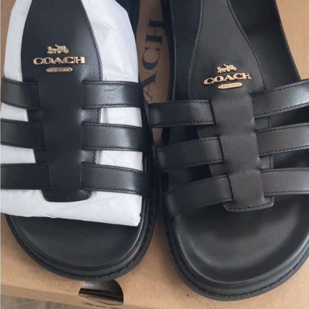 Coach Black Leather Slide Sandals